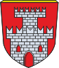 Wappen der Stadt Laufen - Stadttor mit Türmchen auf rotem Grund und goldenem Rand